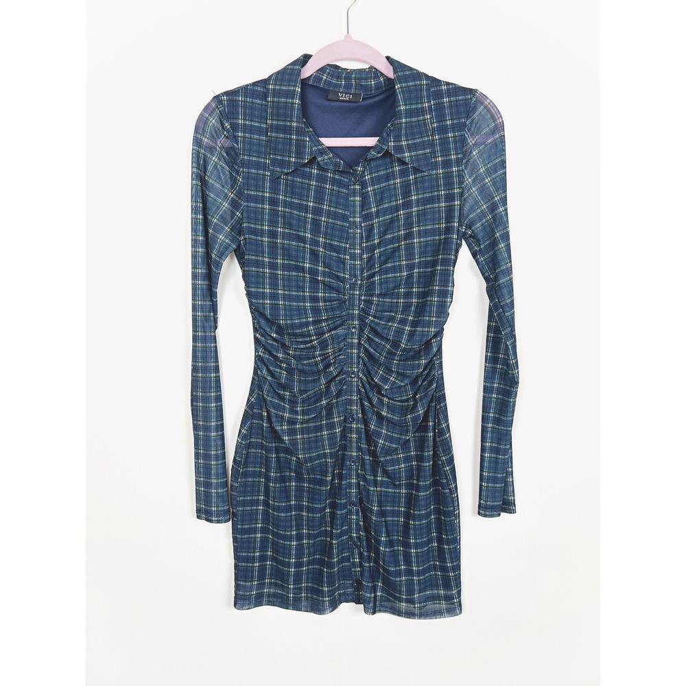 Vici Plaid Ramele Mesh Ruched Mini Shirt Dress Small